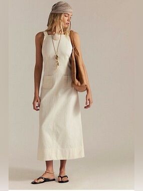 Free People Cream Sleeveless Denim Dress with Pockets
